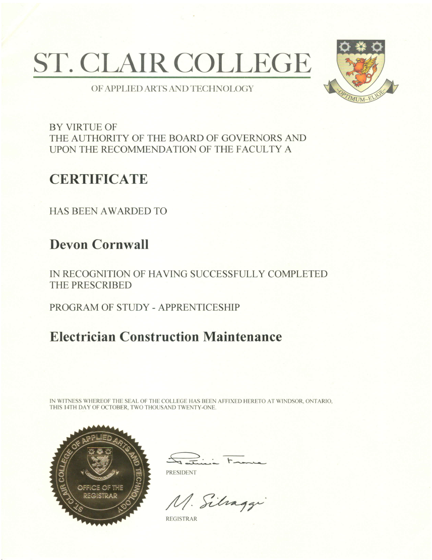 Certificate of Apprenticeship SCC