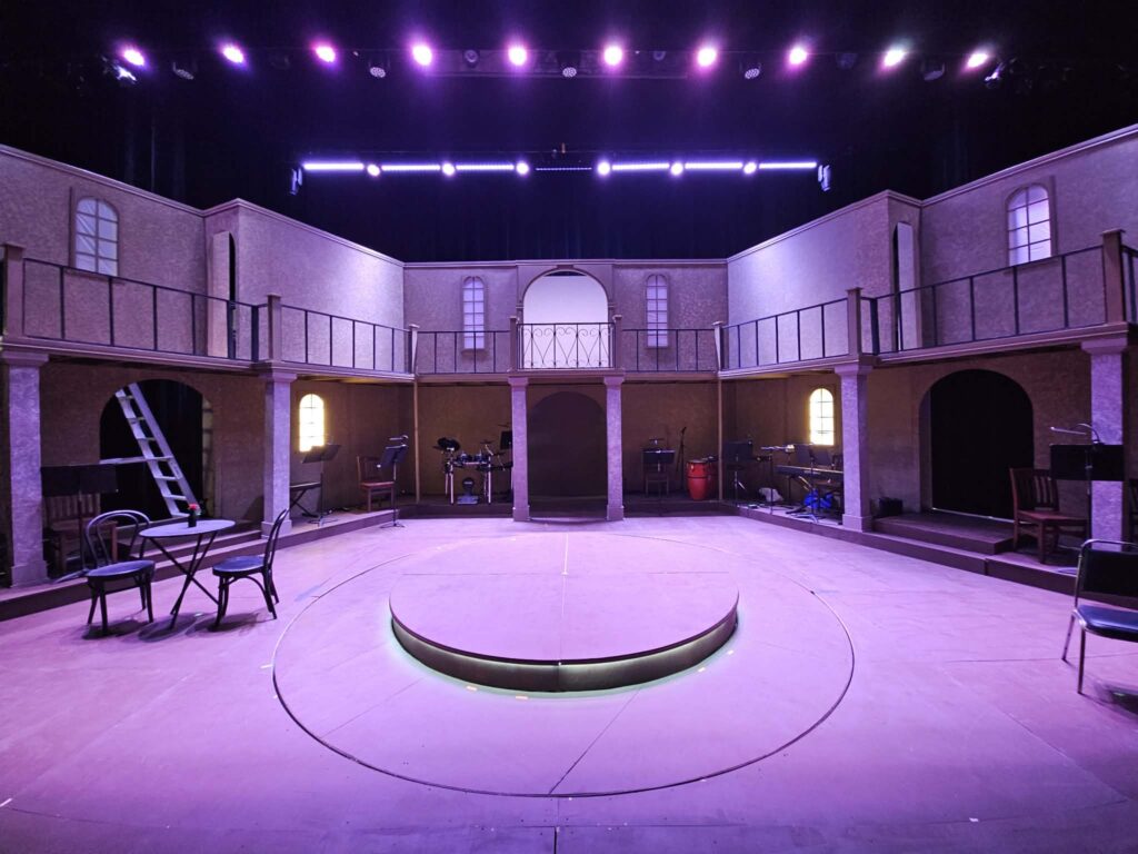 The set, on stage and lit